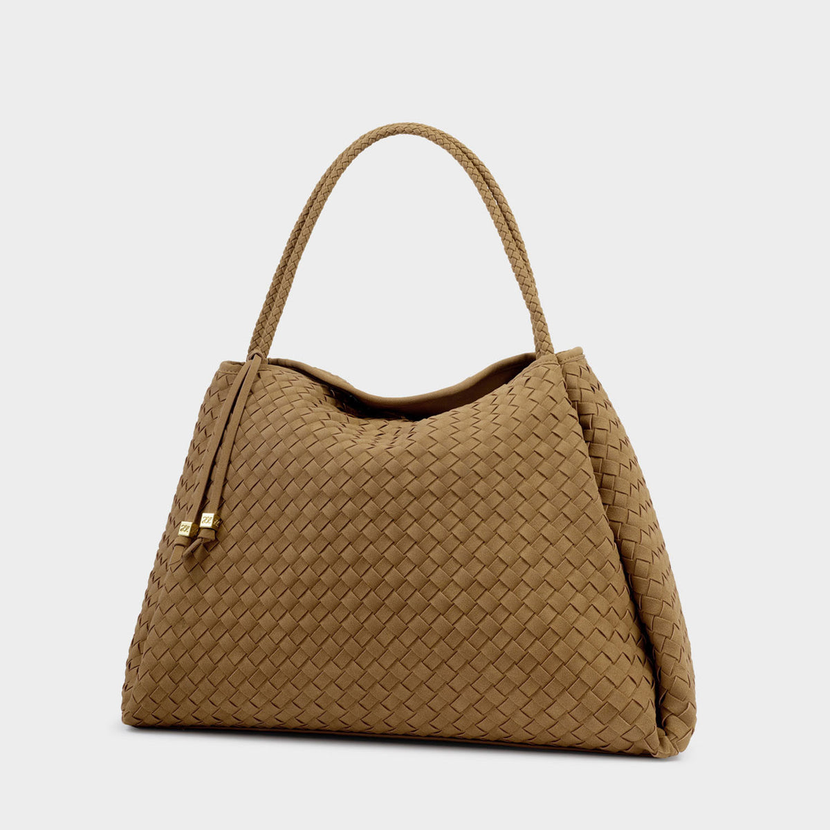 NOVA HAND WOVEN LARGE SHOULDER BAG | Light Caramel Suedette | 11" x 15 3/4" x 9 1/16"